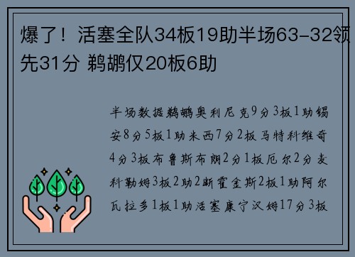 爆了！活塞全队34板19助半场63-32领先31分 鹈鹕仅20板6助