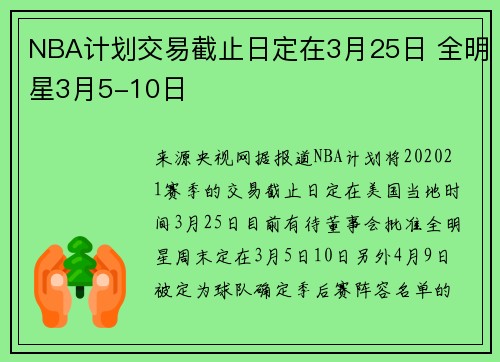 NBA计划交易截止日定在3月25日 全明星3月5-10日